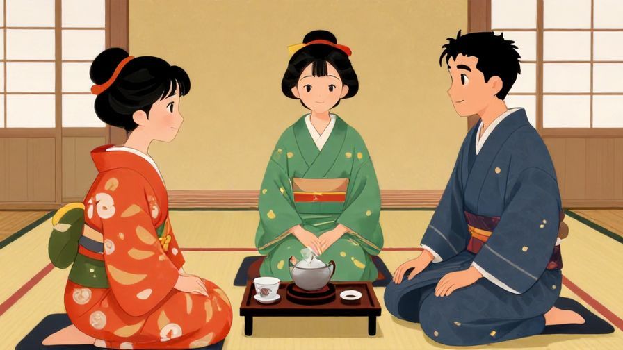Illustration of a polite invitation scene in a traditional Japanese tea house, characters smiling gently, vibrant colors, illustrated style