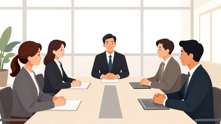 Illustration of a polite office meeting, people nodding and smiling in a bright conference room, formal attire, illustrated style