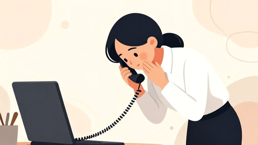 Illustration of a polite office worker bowing slightly while speaking on the phone, soft background with abstract shapes