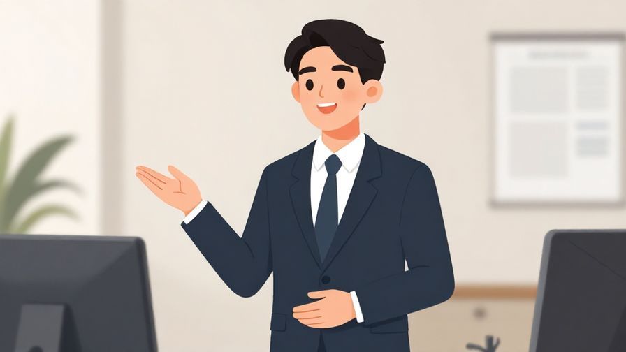 Illustration of a polite office worker explaining with a smile, neat office background, soft lighting