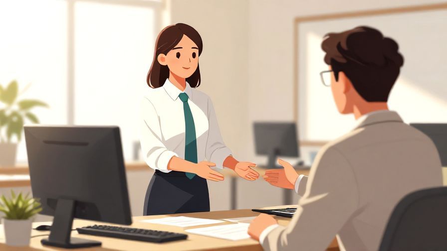 Illustration of a polite office worker gently encouraging a colleague in a bright, neatly arranged office space with warm light