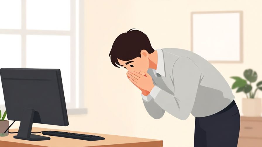 Illustration of a polite person apologizing gently with a slight bow in a formal workspace, calming colors