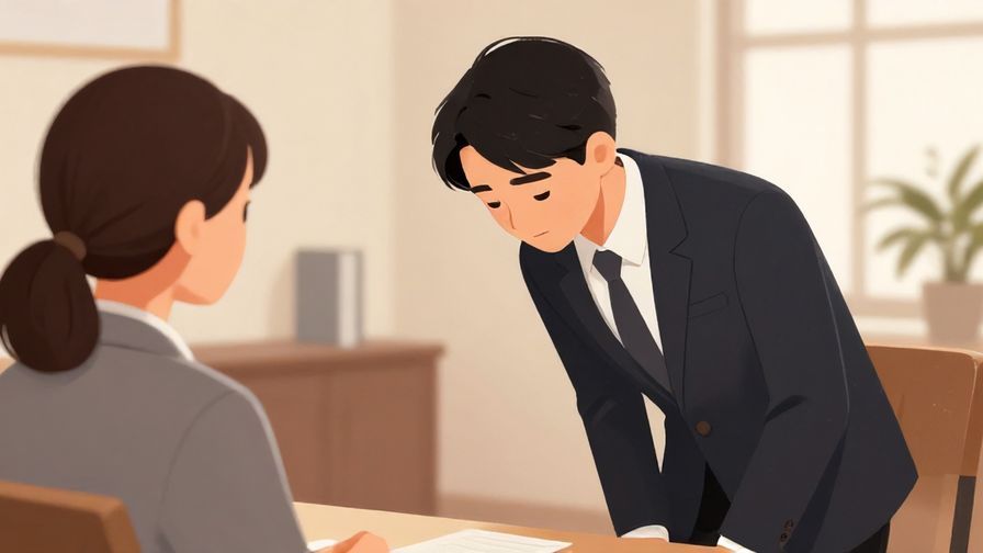 Illustration of a polite person bowing slightly while speaking to an attentive listener, formal indoor setting, soft lighting, illustrated style