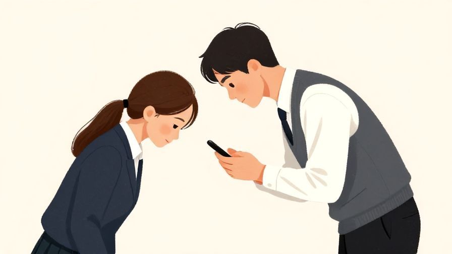 Illustration of a polite person bowing slightly while holding a phone, formal setting, soft colors, illustrated style