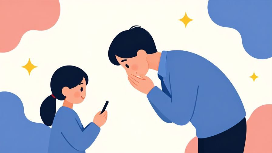 Illustration of a polite person bowing slightly while holding a phone, with abstract shapes and stars in the background