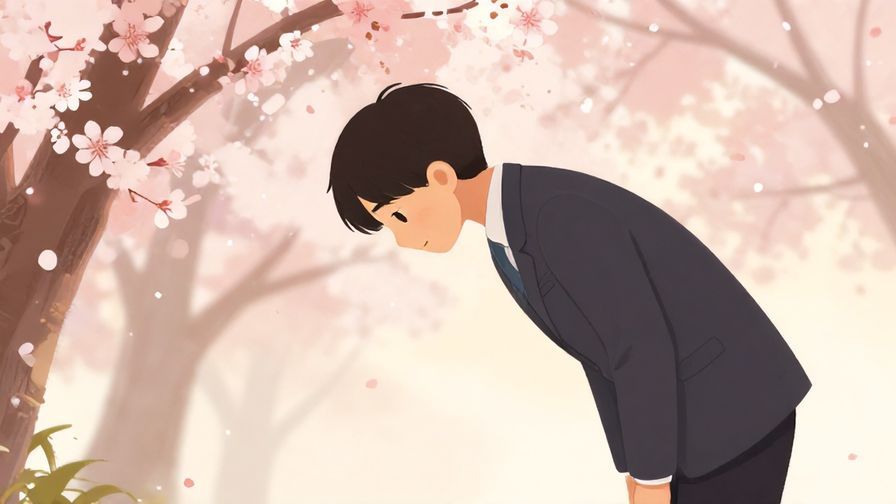 Illustration of a polite person bowing slightly with a soft, gentle background of cherry blossoms, warm lighting, illustrated style