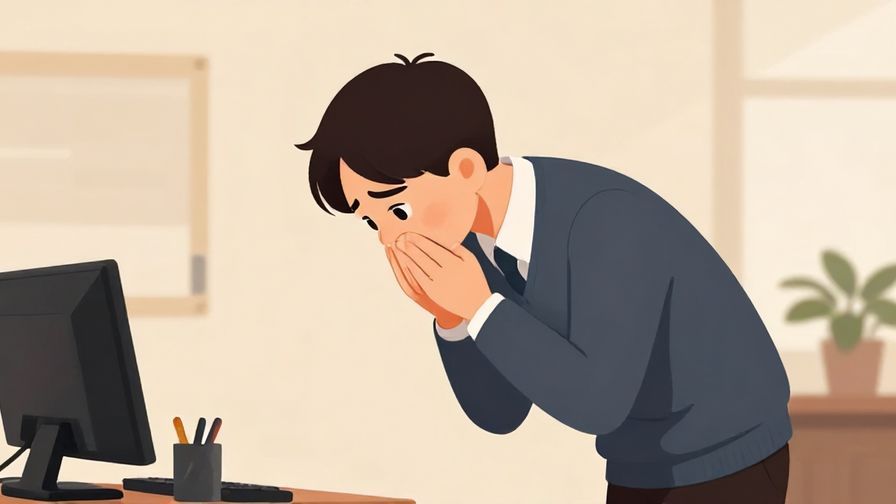 Illustration of a polite person bowing slightly with a confused but respectful expression, warm office background