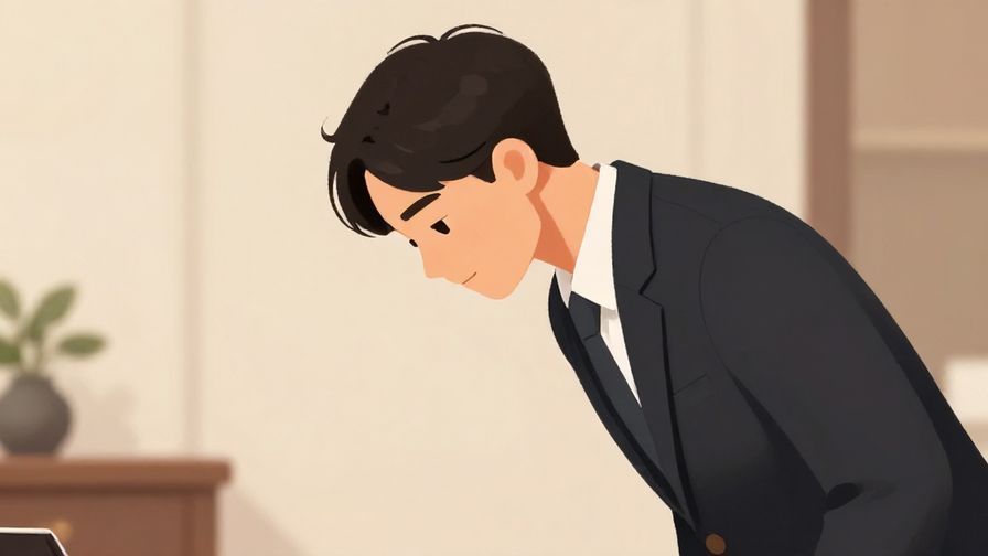 Illustration of a polite person bowing slightly with a calm expression in a formal setting, soft indoor lighting, illustrated style