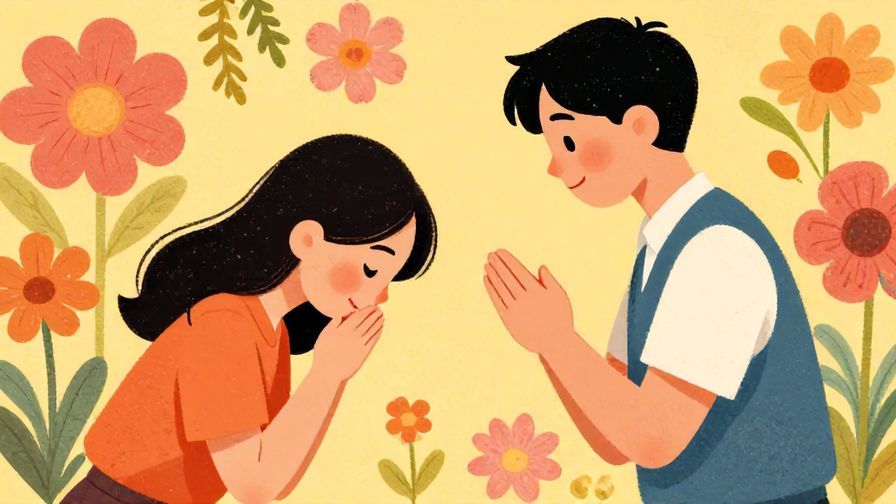 Illustration of a polite person bowing slightly with a smile, indicating a respectful request, detailed background, vibrant colors, illustrated style