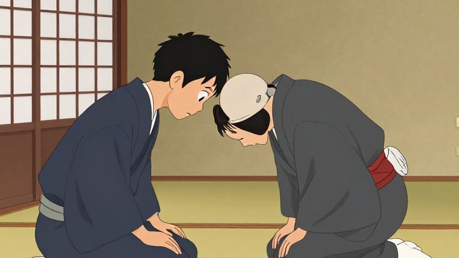 Illustration of a polite person bowing slightly with a surprised but composed expression, traditional Japanese interior