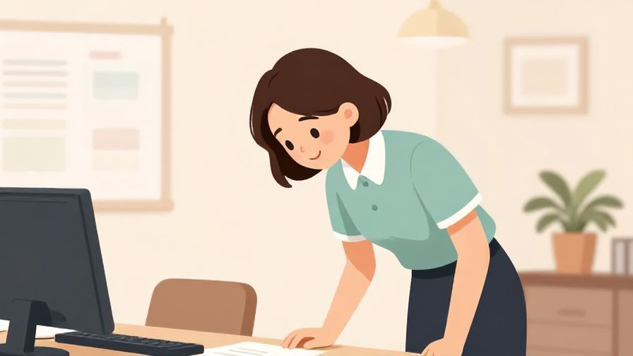 Illustration of a polite person bowing slightly with a gentle smile in an office setting, soft pastel colors