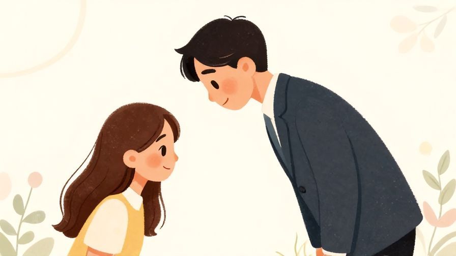 Illustration of a polite person bowing slightly with a gentle smile, surrounded by soft floral patterns