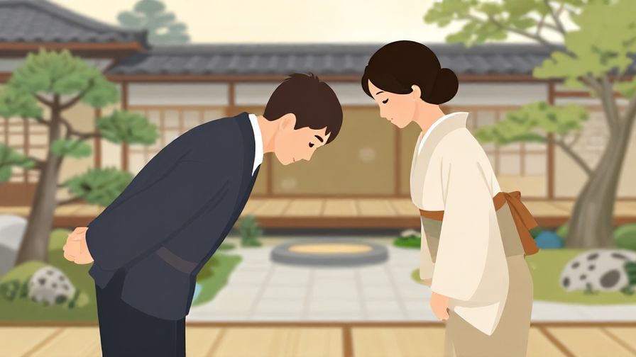 Illustration of a polite person bowing slightly with a calm, elegant background of a traditional Japanese garden, soft colors