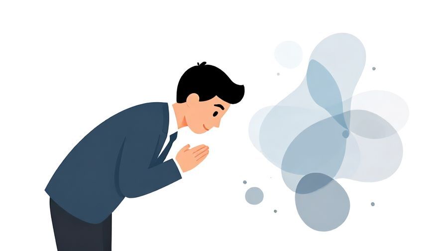 Illustration of a polite person bowing slightly with a confident smile, surrounded by shifting abstract shapes
