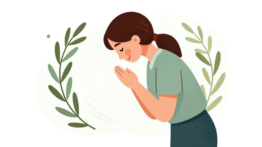 Illustration of a polite person bowing slightly with a warm smile, surrounded by olive branches and gentle waves, soft colors