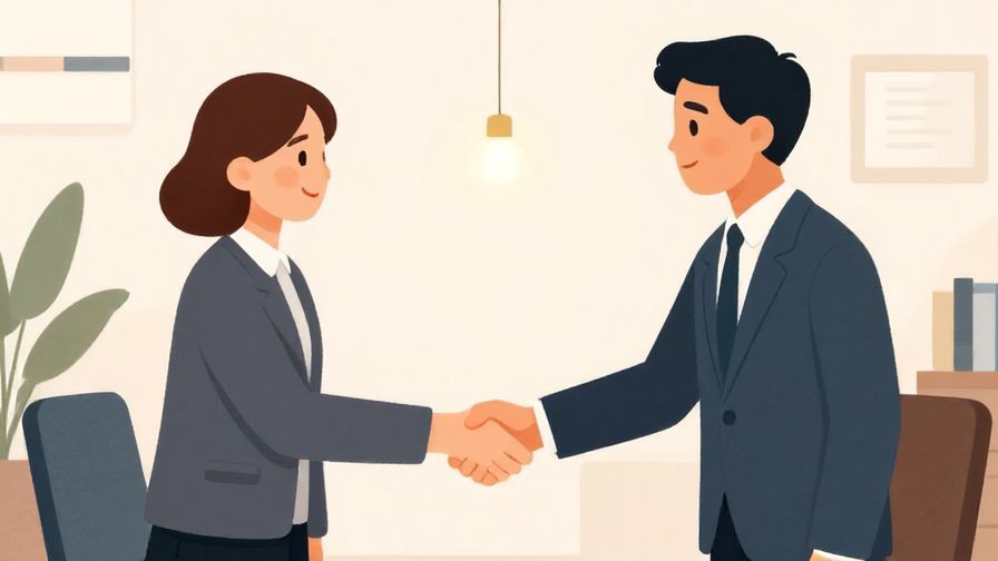 Illustration of a polite person concluding a meeting with a handshake, office environment