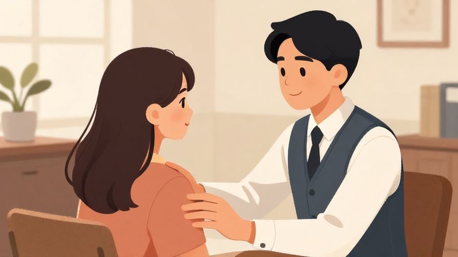 Illustration of a polite person gently comforting another in a formal setting, soft office or tea room background, calm colors, illustrated style