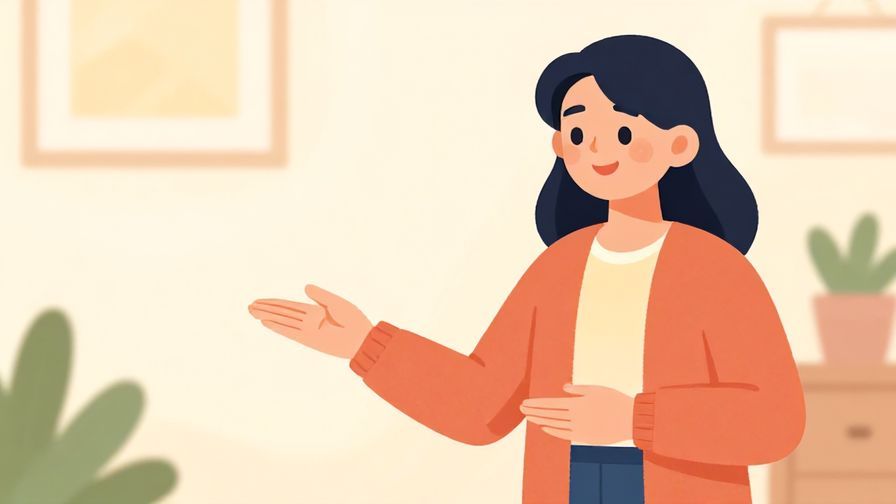 Illustration of a polite person giving directions with a gentle smile, hands slightly extended in invitation, indoors with soft lighting, vibrant colors