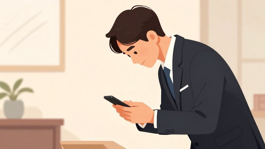 Illustration of a polite person holding a phone and bowing slightly, formal indoor setting