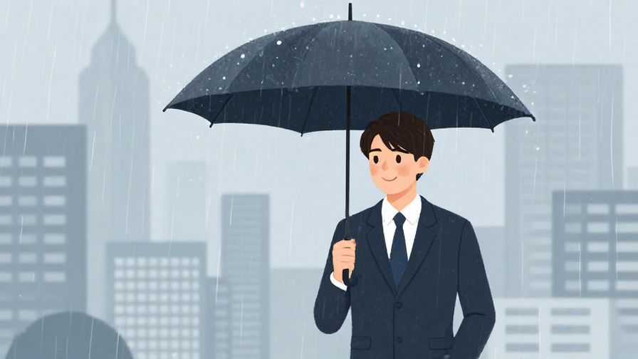 Illustration of a polite person holding an umbrella outside, softly smiling, with gentle rain falling and a neat cityscape background