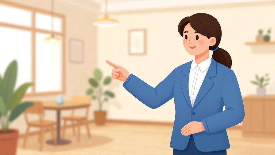 Illustration of a polite person kindly pointing forward while smiling gently, in a well-lit indoor space, vibrant colors
