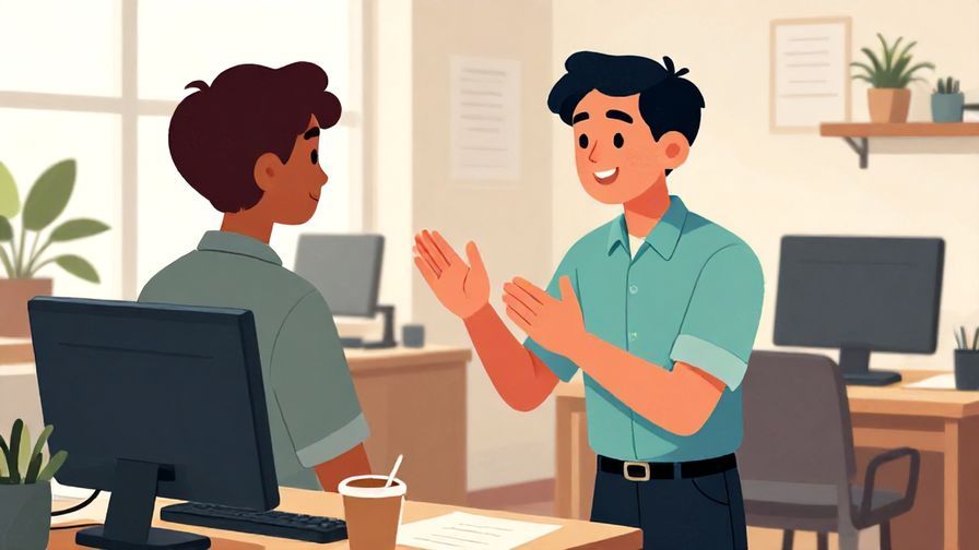 Illustration of a polite person making a humble gesture in a quiet office space, detailed background, vibrant colors, illustrated style