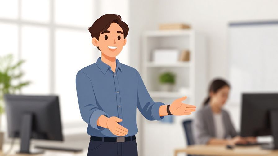 Illustration of a polite person offering a welcoming gesture with an inviting smile, bright office environment