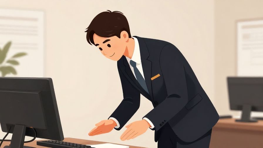Illustration of a polite person slightly bowing with a gentle smile in a formal office setting