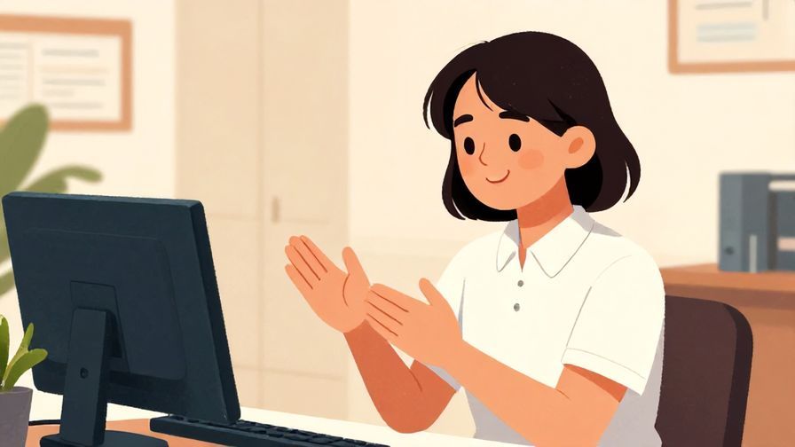 Illustration of a polite person with a gentle smile making a humble request gesture, office or customer service background, detailed background, vibrant colors, illustrated style