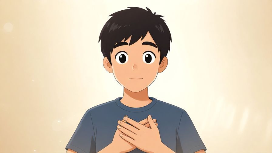 Illustration of a polite person with wide eyes and hands on chest, light rays background, warm colors