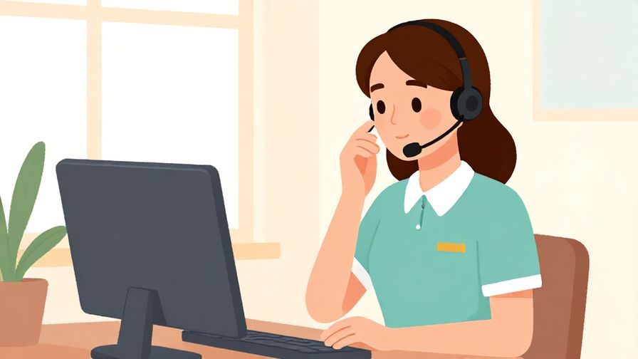 Illustration of a polite receptionist or call center agent speaking on a headset, with a calm, professional atmosphere, pastel colors