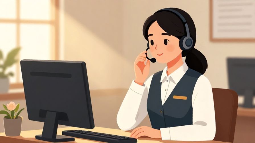 Illustration of a polite receptionist speaking softly on a headset, warm office environment with light rays and lotus flowers