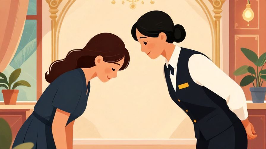 Illustration of a polite service worker bowing slightly with a warm smile in an elegant setting, detailed background, vibrant colors, illustrated style