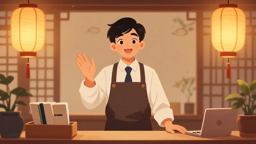 Illustration of a polite shop clerk gesturing kindly to wait, surrounded by softly glowing lanterns in a traditional setting