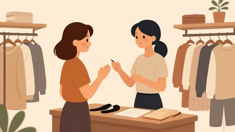 Illustration of a polite shopper asking about other available sizes in a neat, organized clothing store with soft lighting