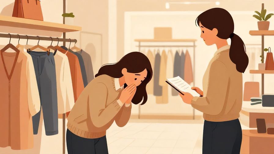Illustration of a polite shopper bowing slightly while asking a store clerk, warm colors, detailed store background with clothes racks
