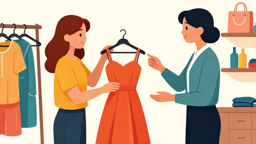 Illustration of a polite shopper gently holding a dress, respectfully asking a store clerk with a slight bow, detailed clothing store backdrop, vibrant colors