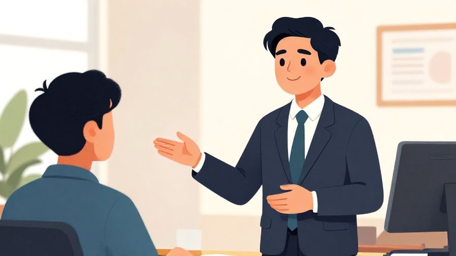 Illustration of a polite speaker thoughtfully gesturing, with a formal office environment in the background, vibrant colors, illustrated style