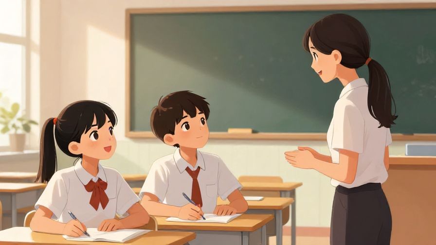 Illustration of a polite student asking a teacher a question in a classroom, attentive expressions, warm lighting