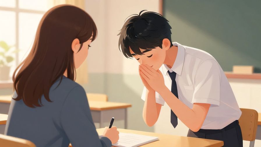 Illustration of a polite student bowing slightly while asking a professor for assistance, soft warm lighting