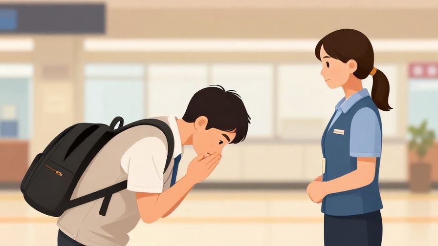 Illustration of a polite traveler bowing slightly while speaking to a station staff member, calm indoor station setting, warm colors
