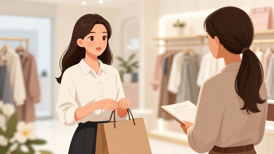 Illustration of a polite woman holding a shopping bag and asking a store clerk, bright boutique background with flowers