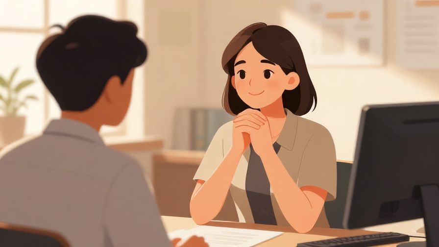 Illustration of a polite woman smiling and nodding in a professional office setting, warm lighting