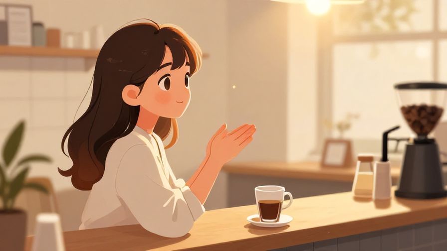 Illustration of a polite young woman at a coffee shop counter, asking with a hopeful expression, warm lighting