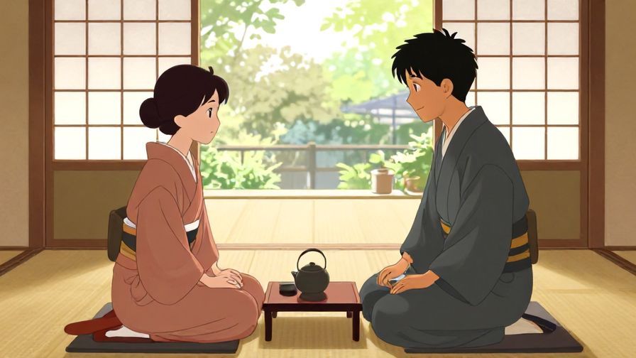 Illustration of a precious moment between two people sharing tea in a traditional Japanese room, soft natural light, illustrated style