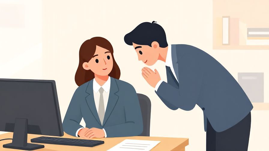 Illustration of a professional asking politely with a slight bow in a calm office setting, soft colors