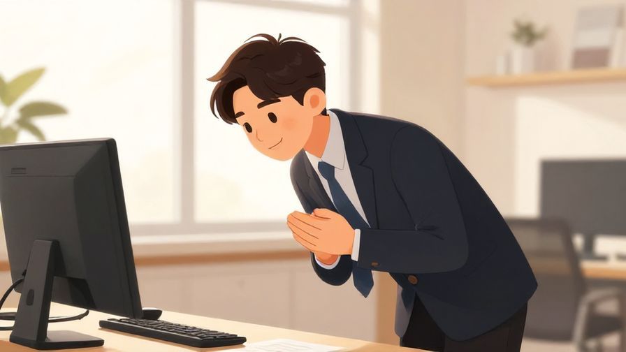Illustration of a professional bowing slightly with a smile in an office, warm bright lighting