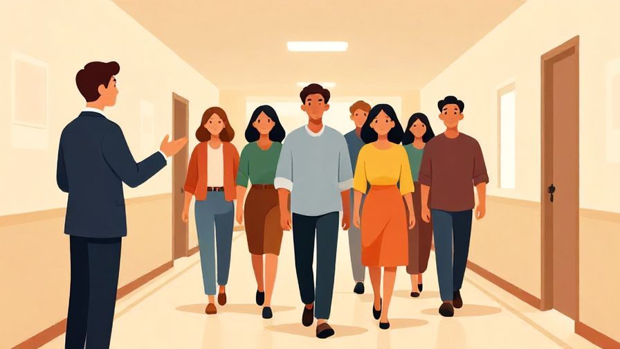 Illustration of a professional guide politely gesturing for a group to move forward down a straight corridor, warm lighting, vibrant colors