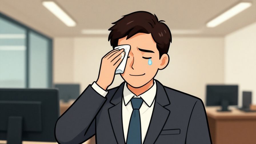 Illustration of a professional looking character wiping sweat from their forehead with a relieved smile, office background