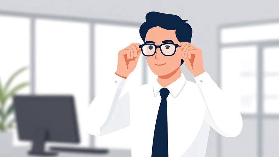 Illustration of a professional looking person adjusting their glasses confidently, with a neat office background
